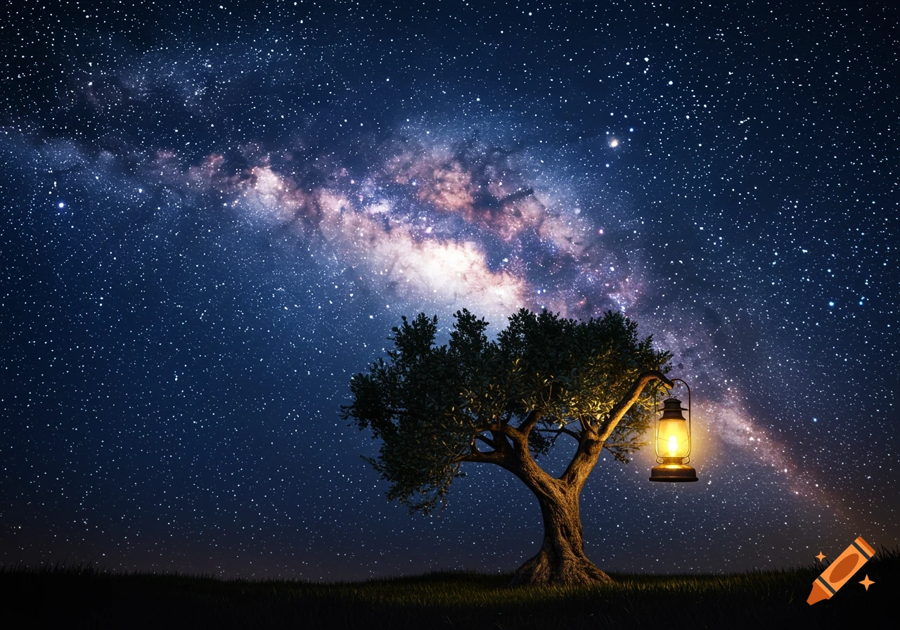 An illuminated lantern hangs from a tree on a dark hill under a vast, star-filled night sky with the Milky Way visible.