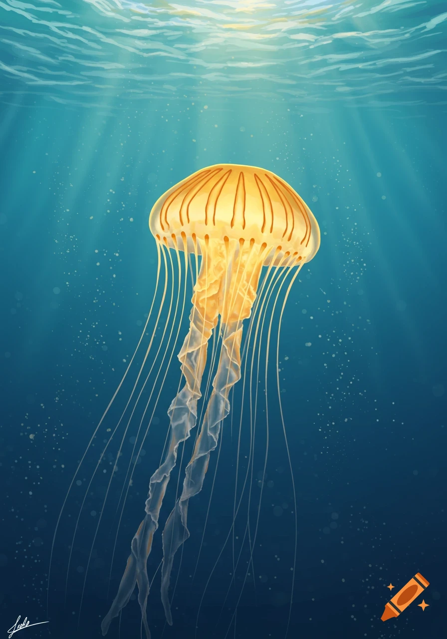 A luminous golden jellyfish with long tentacles floats in a clear blue underwater scene with sun rays filtering from the surface.