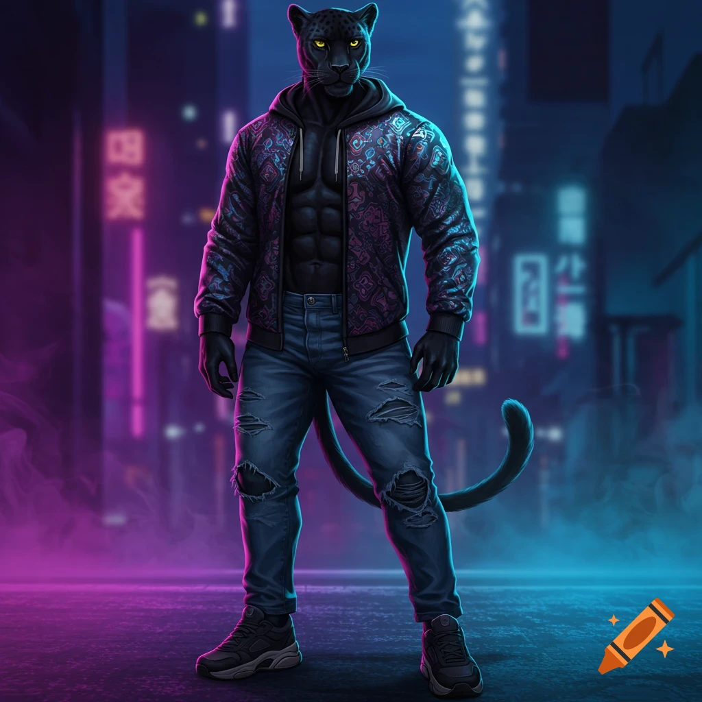 A muscular black panther demi-human in streetwear stands on a neon-lit city street at night.