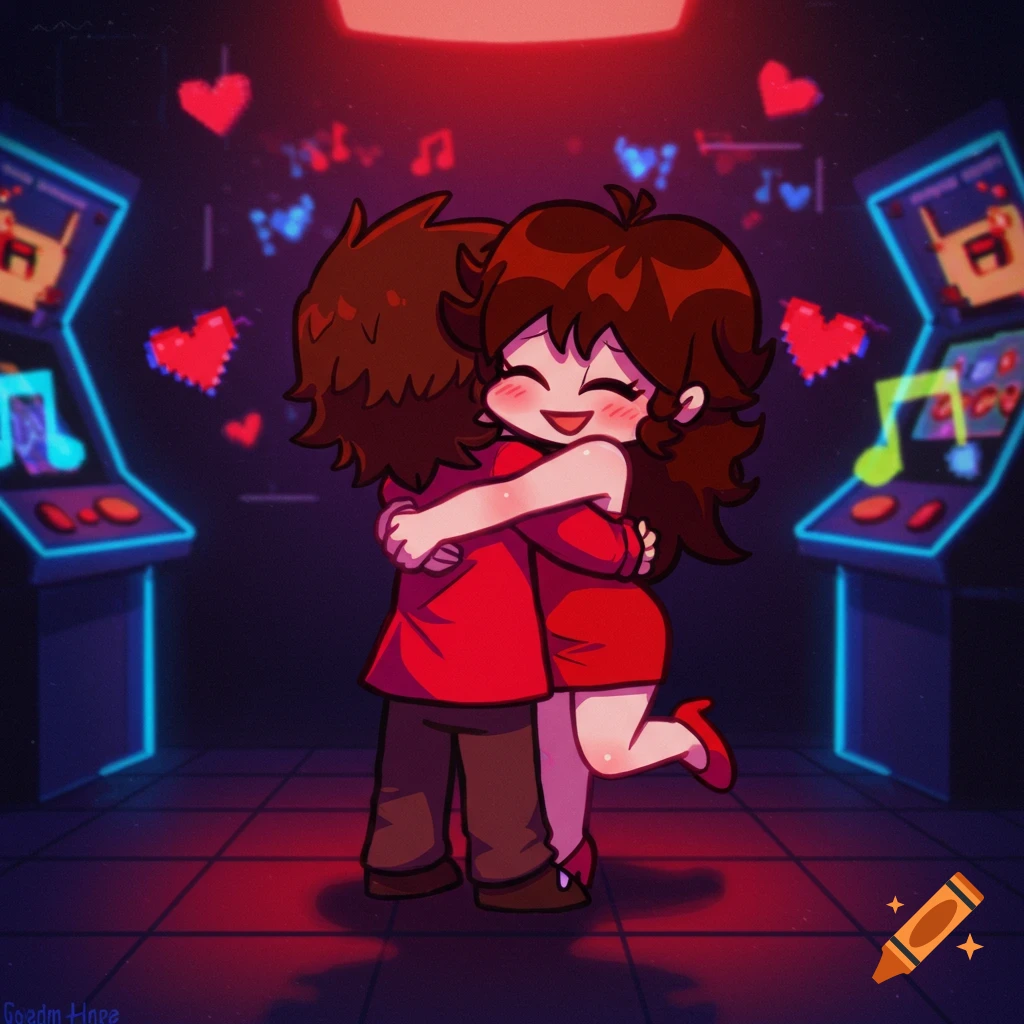 Cartoon of a brown-haired boy hugging Girlfriend from Friday Night Funkin' in a neon-lit arcade.