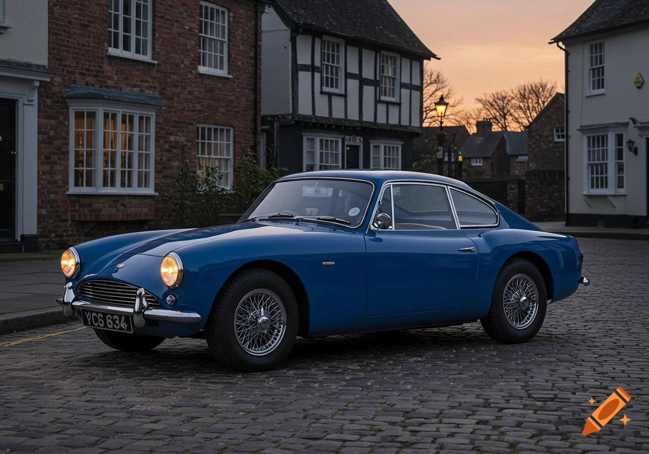 A blue vintage sports car with glowing headlights parked on a cobblestone street in front of old brick and timber-framed buildings at dusk.