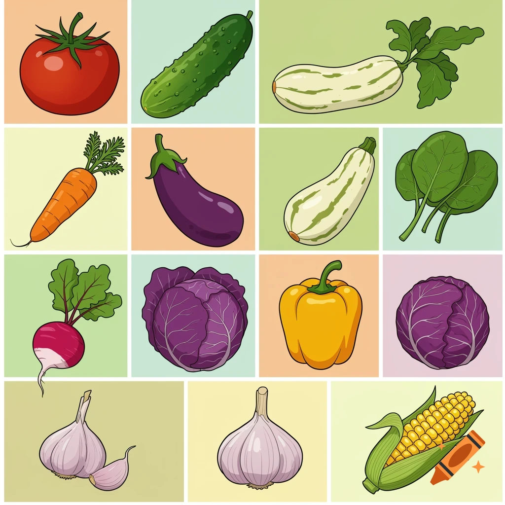 A grid of twelve squares, each containing a different cartoon vegetable such as a tomato, cucumber, carrot, eggplant, bell pepper, and corn.