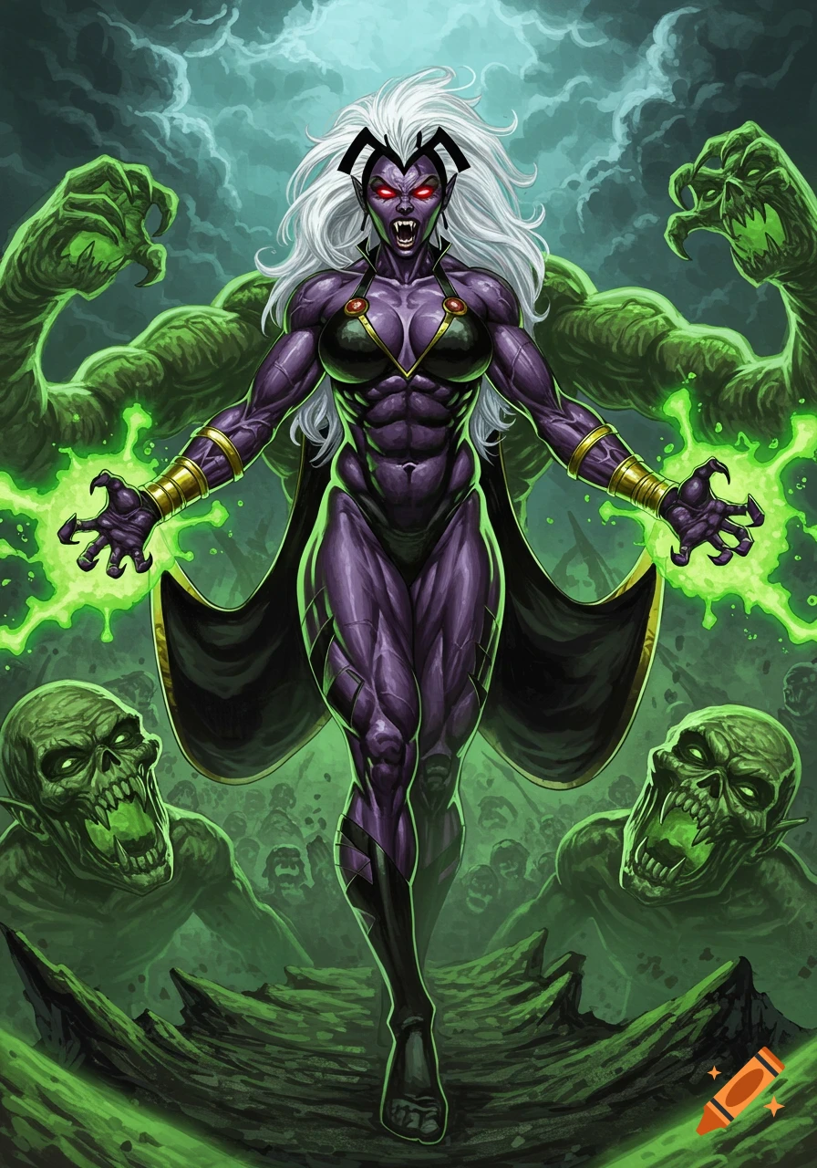 Purple-skinned, muscled female vampire-like character with white hair and red eyes casting green energy, standing over green zombie figures in a comic book style.
