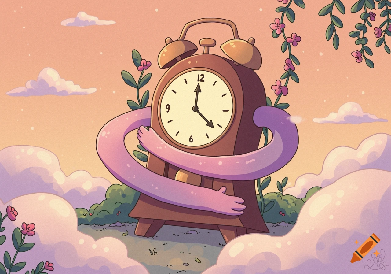 A whimsical cartoon illustration of an alarm clock with long pink arms hugging itself, surrounded by clouds, flowers, and greenery under a pastel sky.