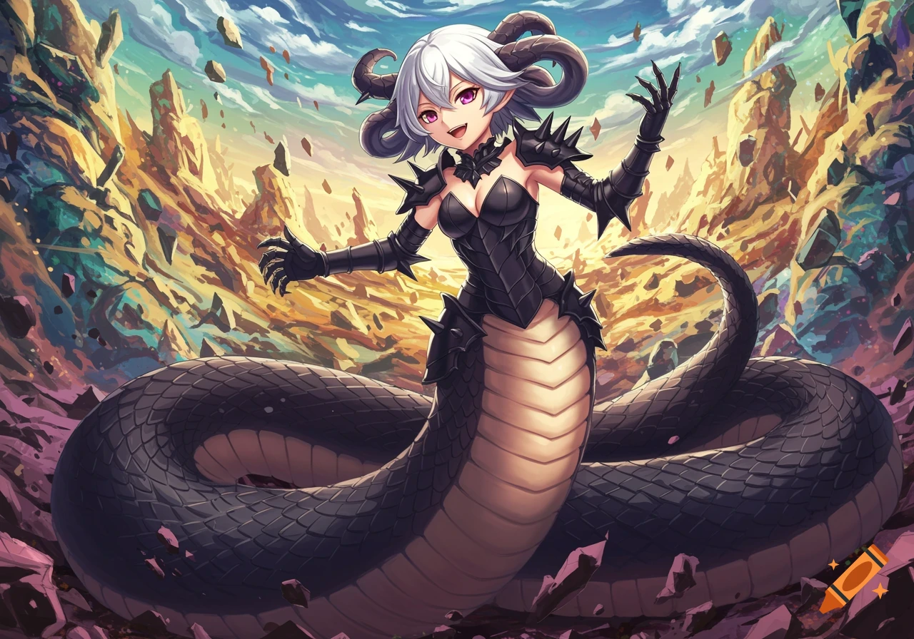 Anime lamia character with white hair, horns, and black spiky armor, smiling and posing in a chaotic rocky landscape.