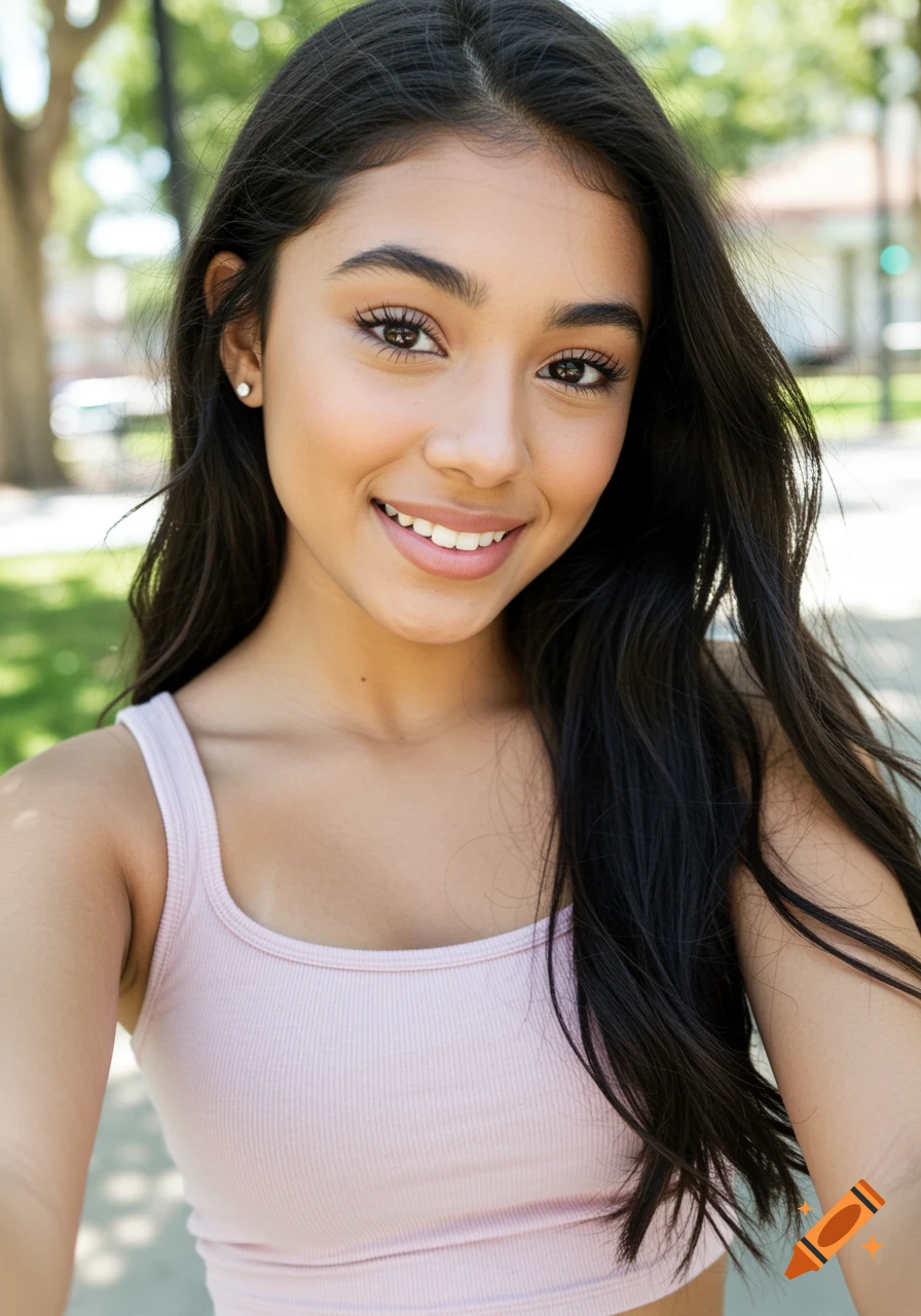 Close-up photorealistic selfie of a beautiful smiling teenage Hispanic woman with long dark hair, wearing a light pink ribbed crop top, outdoors.