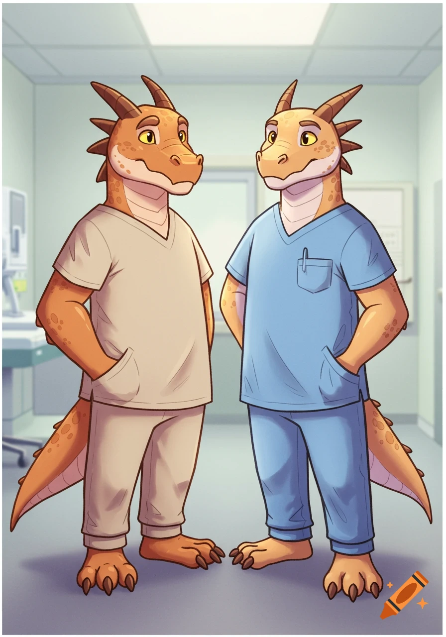 Two cartoony humanoid dragons, one in beige scrubs and one in blue scrubs, stand in a hospital room.