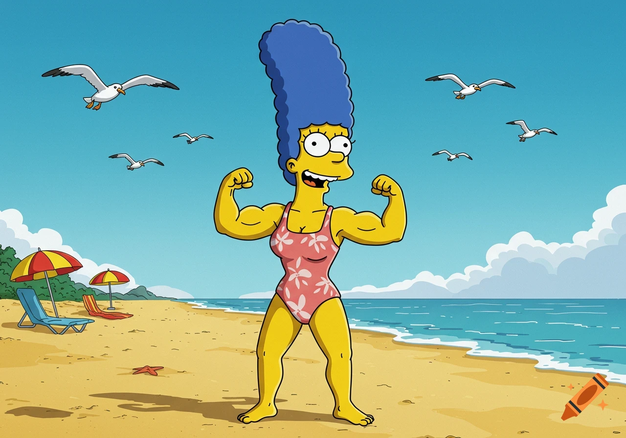 Cartoon Marge Simpson in a pink swimsuit flexing her biceps on a sandy beach with the ocean and seagulls.