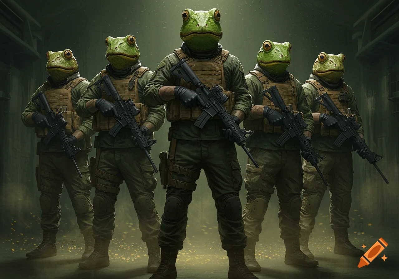 Five frog-headed military figures in tactical gear stand ready with rifles in a dark, atmospheric setting.