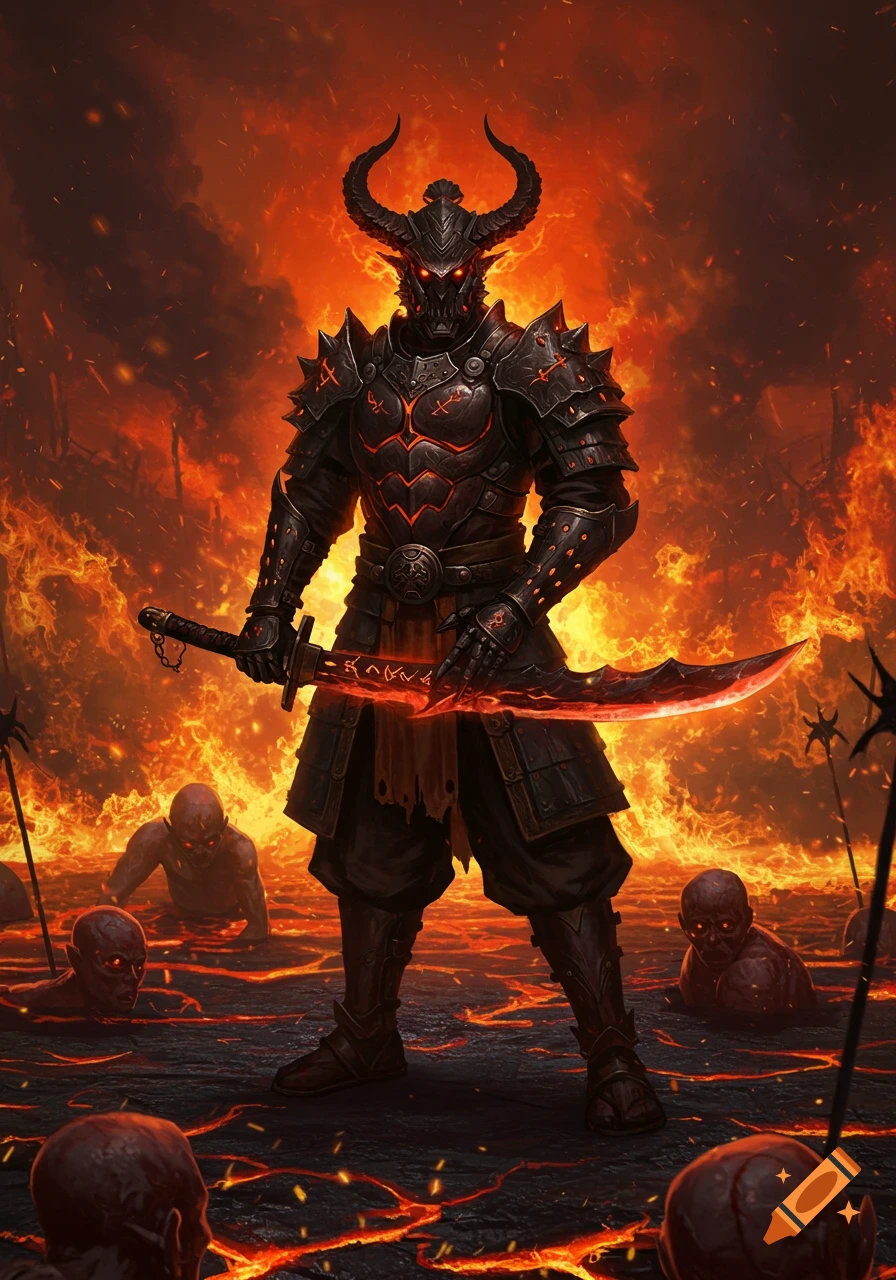 A horned demon in dark armor stands in a fiery landscape with shadowy figures in lava, holding a glowing sword.