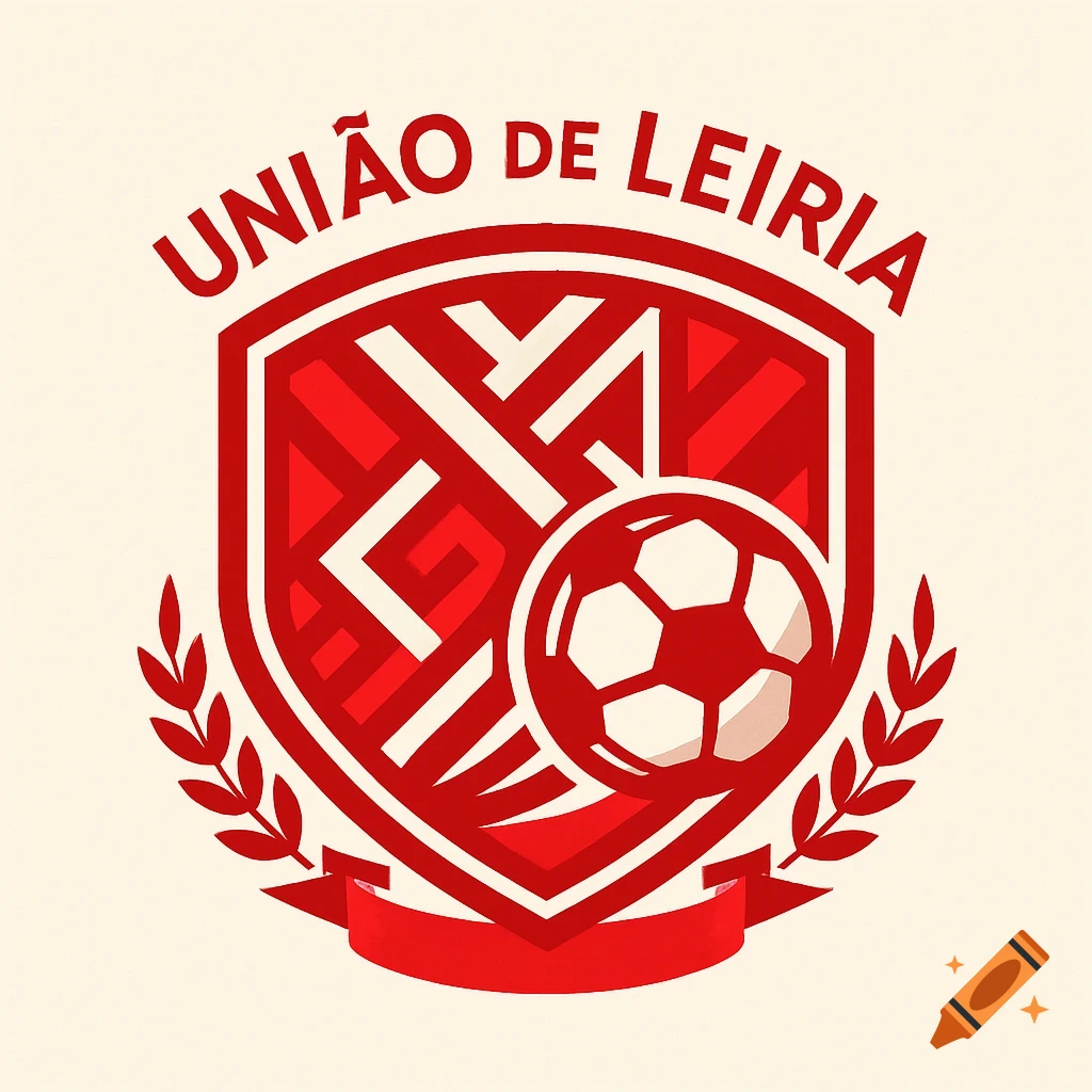 Red and white shield logo for UNIÃO DE LEIRIA football club with a stylized football and laurel wreath.