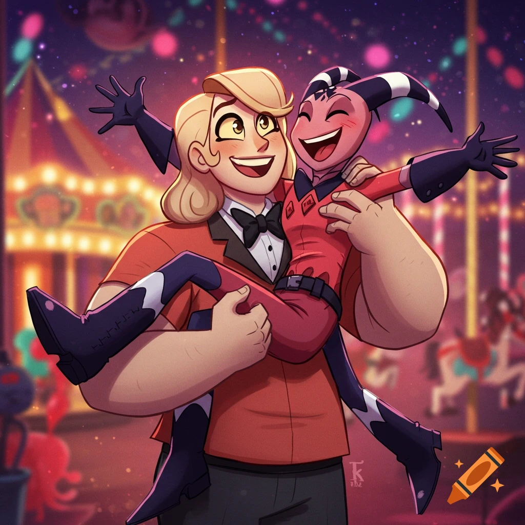 A smiling blonde person in a red jacket and bowtie holds up a smaller, happy, red-skinned imp with horns and a striped tail in a cartoon style, at a brightly lit amusement park.