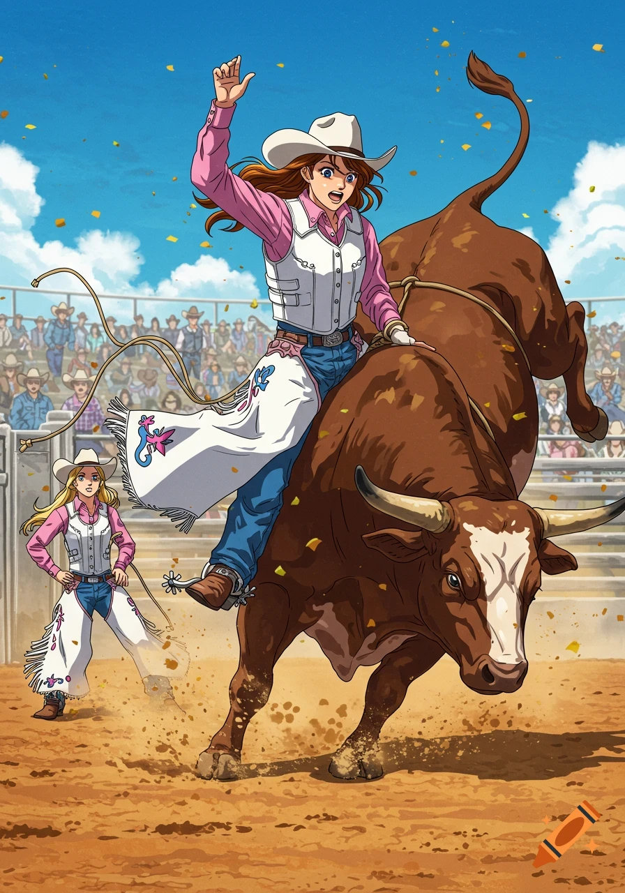 An anime cowgirl in pink shirt and white chaps rides a bucking bull in a rodeo arena, with another cowgirl watching.