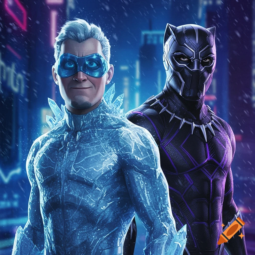 Frozone in an ice suit and Black Panther in a Vibranium suit stand side-by-side in a snowy, futuristic city at night.