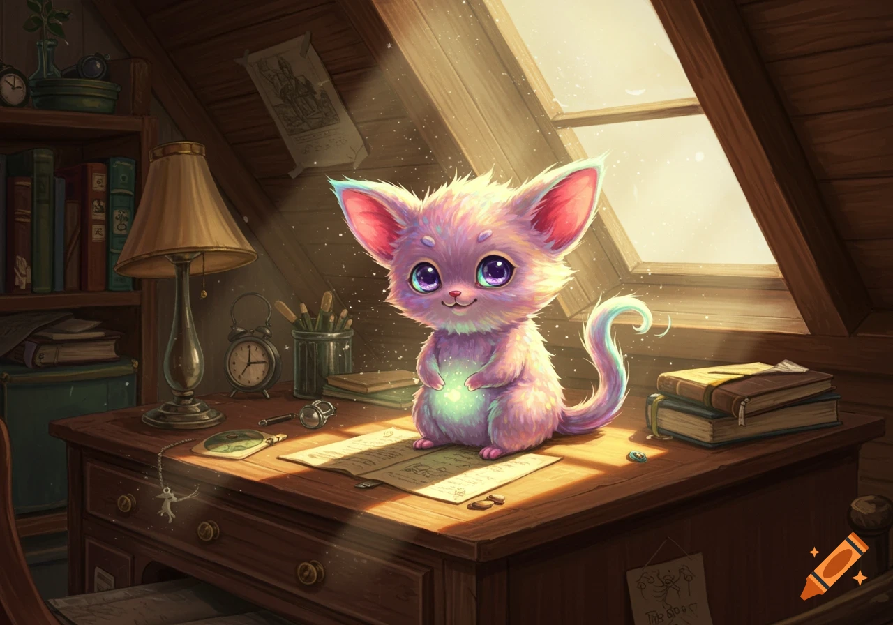 A fluffy, pink, big-eared fantasy creature with glowing eyes sits on a wooden desk in a sunlit attic room, surrounded by books and study items, in a whimsical illustration.