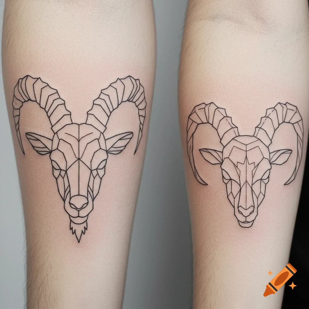 Two minimalist black line geometric goat head tattoos on human skin, one with thicker lines and one with thinner lines.