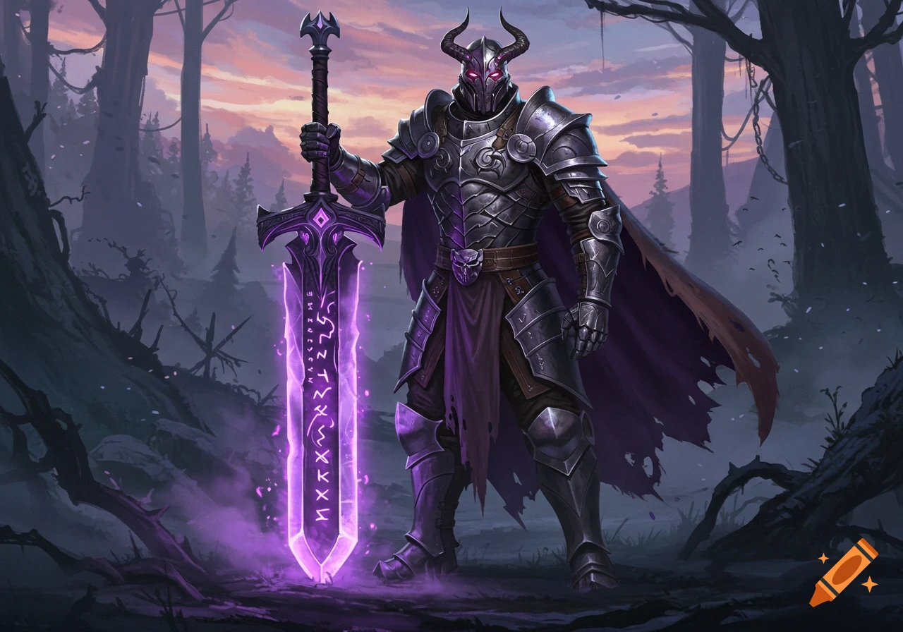 A horned warrior in dark armor holds a glowing purple sword in a mystical, twilight forest.
