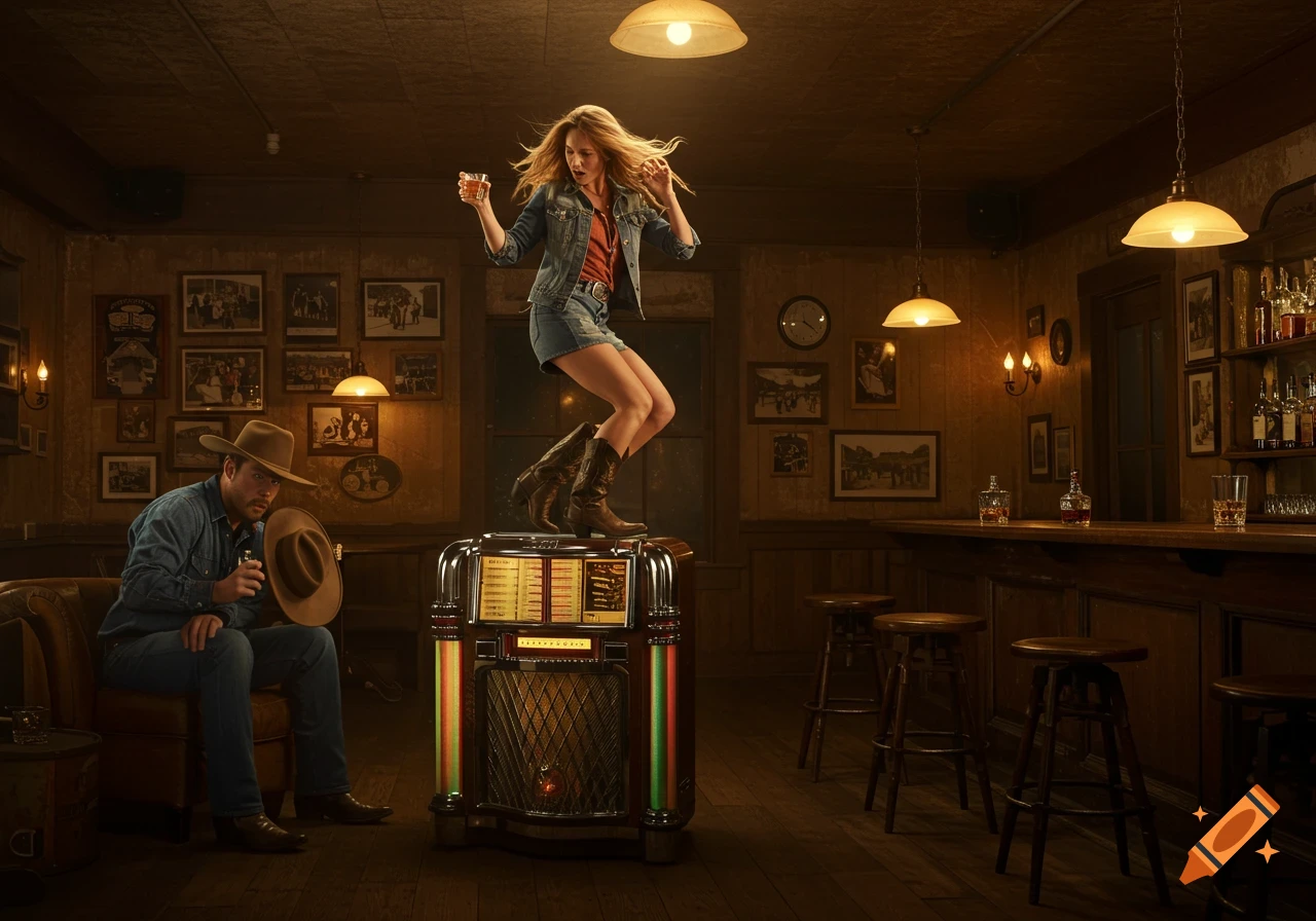 A woman in a denim outfit dances on a jukebox in a dimly lit southern bar while a man in a cowboy hat watches.