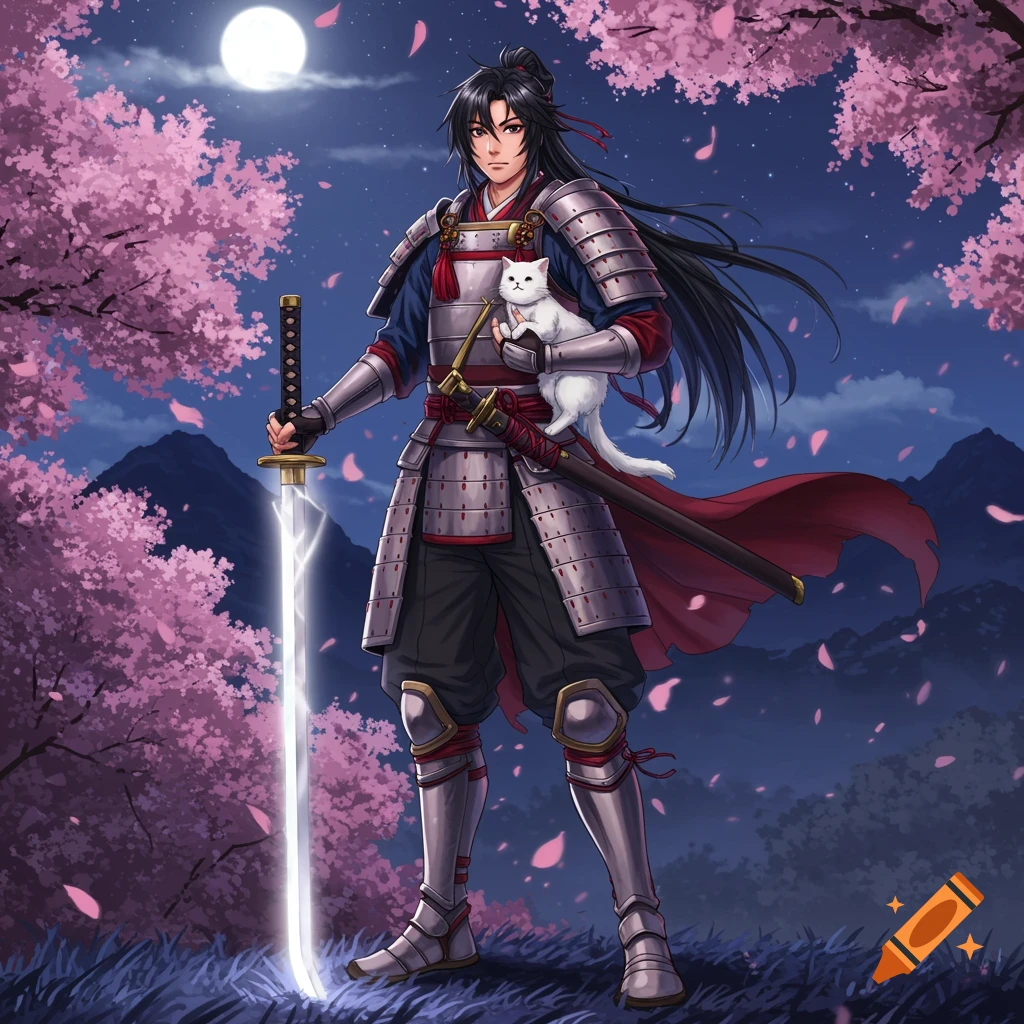 Anime samurai warrior holding a glowing katana and a white cat under a full moon with pink cherry blossoms.