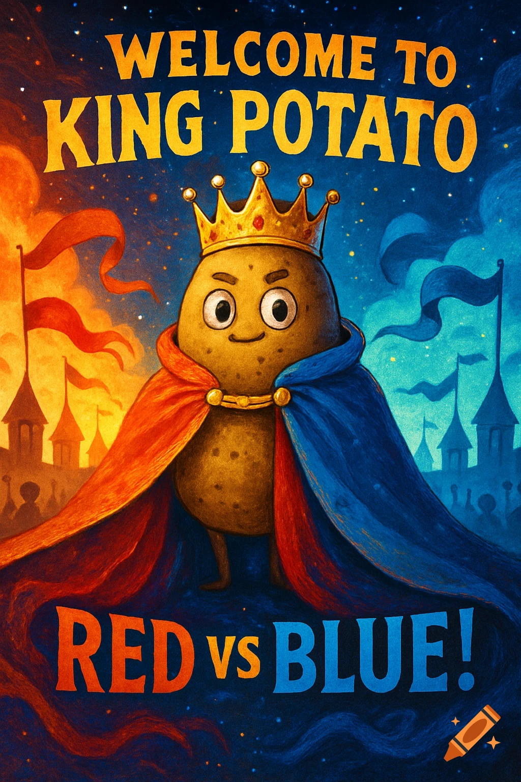 A vibrant cartoon poster depicts a crowned potato king in a red and blue cape, with castles and banners, text 'Welcome to King Potato Red vs Blue!'