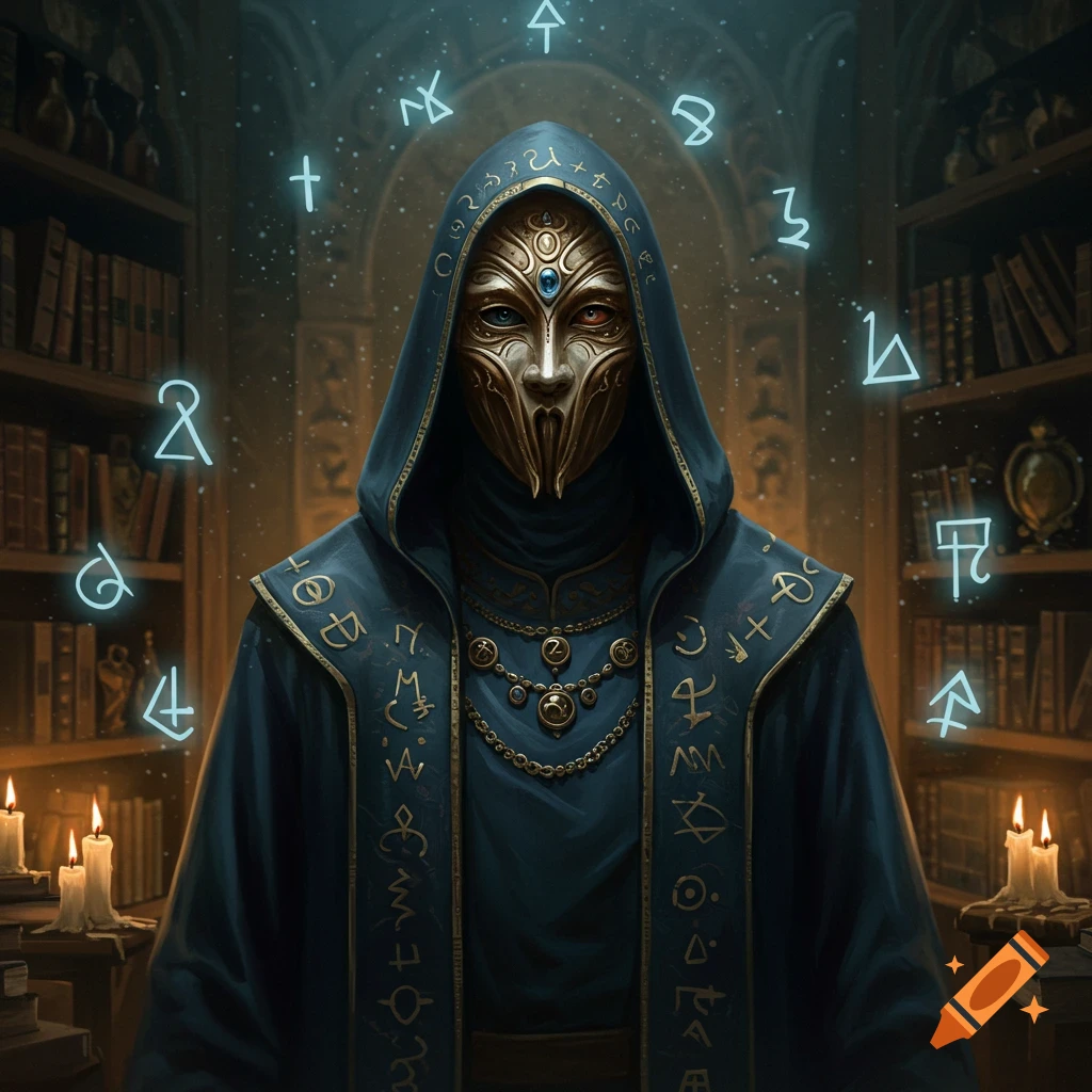 A masked figure in a dark blue, ornate robe covered in glowing symbols stands in a dimly lit library.