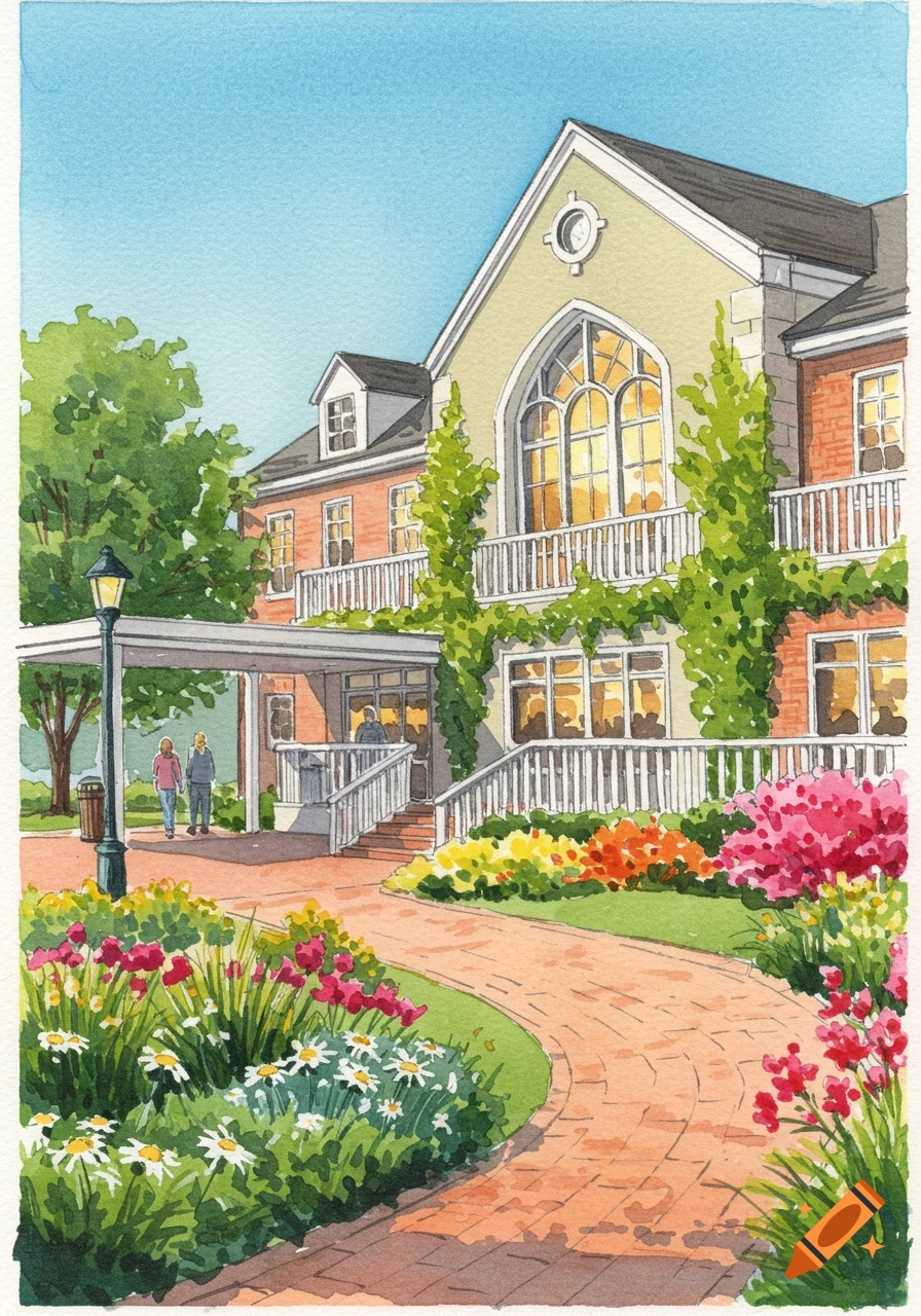 A watercolor painting of a large community building with a curved brick path, colorful flower gardens, and people near the entrance.
