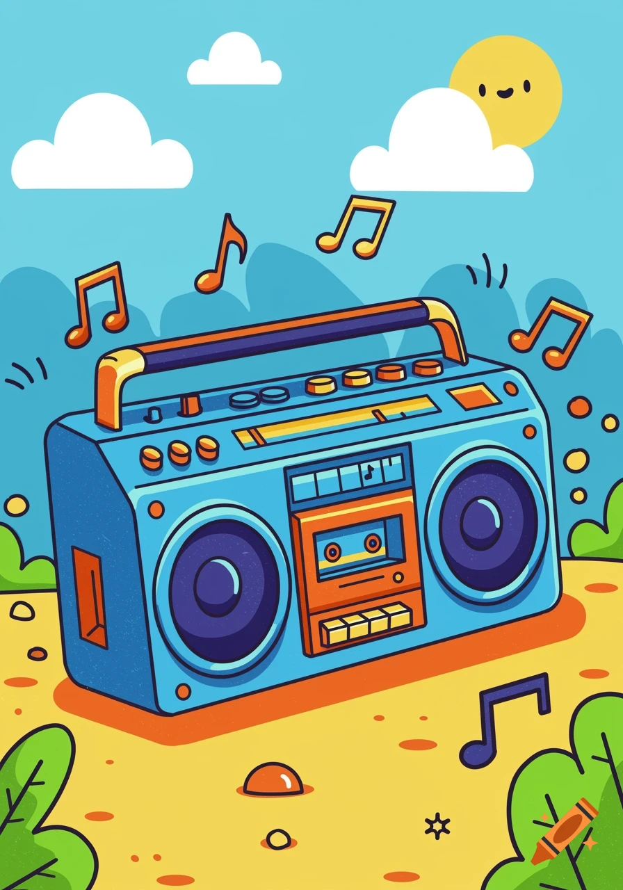 A vibrant cartoon boombox surrounded by musical notes under a blue sky with clouds and a smiling sun.