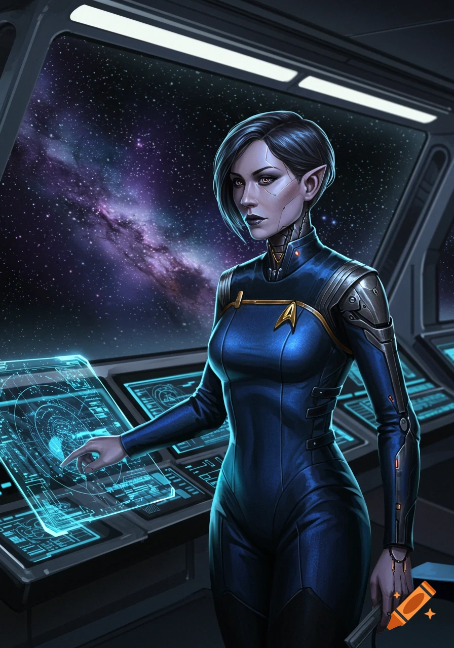 A stylized sci-fi illustration of a blue-skinned, dark-haired character in a blue Starfleet-like uniform, standing on a spaceship bridge, interacting with a glowing holographic console, with a galaxy view outside.