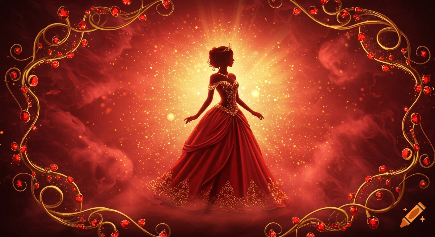 A silhouetted woman in a red and gold fantasy ballgown, surrounded by glowing particles and a jeweled, ornate frame.