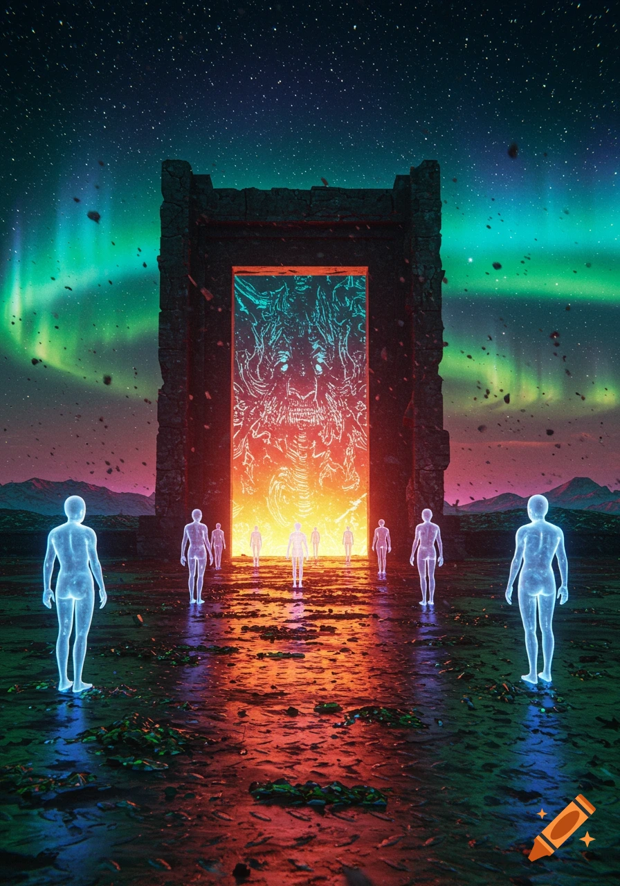 Glowing figures approach a fiery portal with a monstrous face under a starry aurora sky.