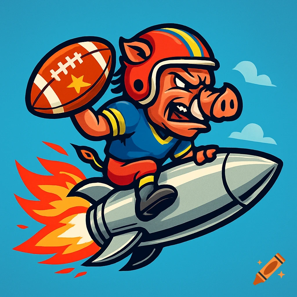 A fierce cartoon hog in a football helmet and jersey rides a rocket while holding a football, set against a blue sky.
