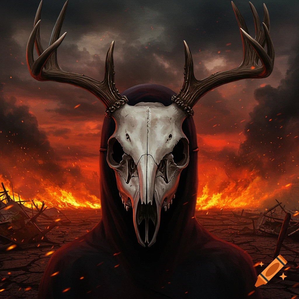 Dark hooded figure with a deer skull mask and antlers against a backdrop of apocalyptic fires and dark clouds.