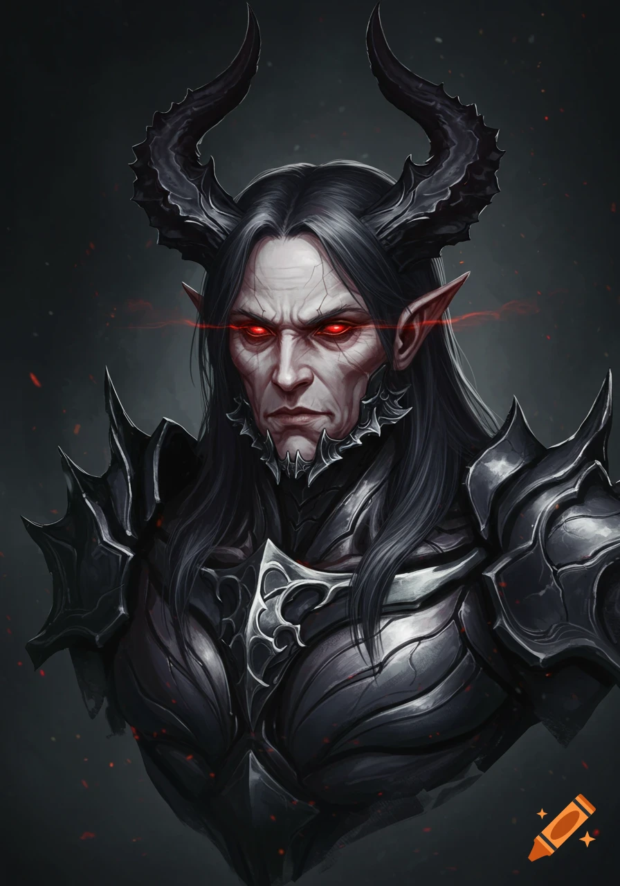 Digital art bust shot of a pale, demonic-looking man with long black hair, large black horns, and glowing red eyes in dark armor.