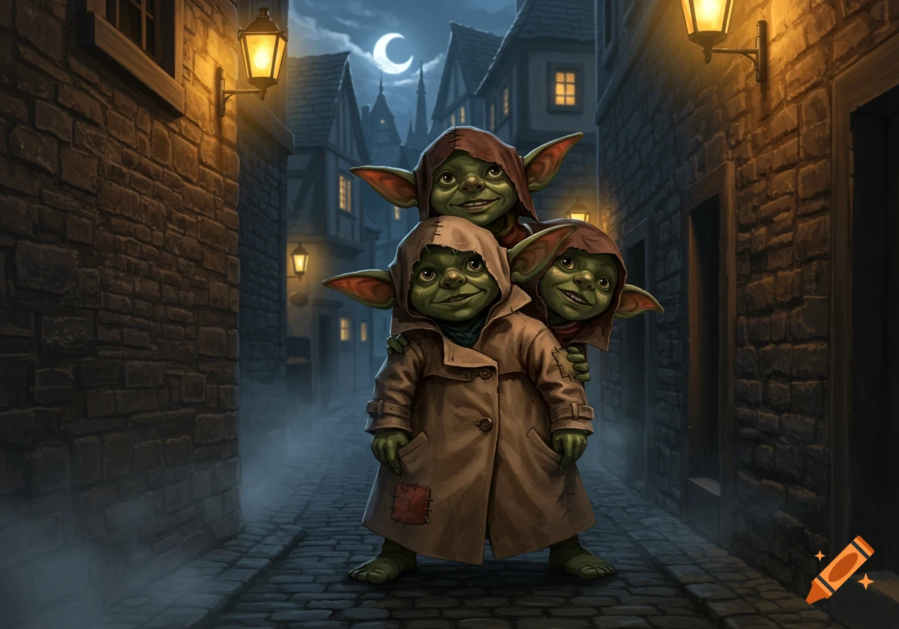 Three smiling, green goblin-like creatures in a dark cobbled alleyway at night, one in a trench coat with two peeking out.