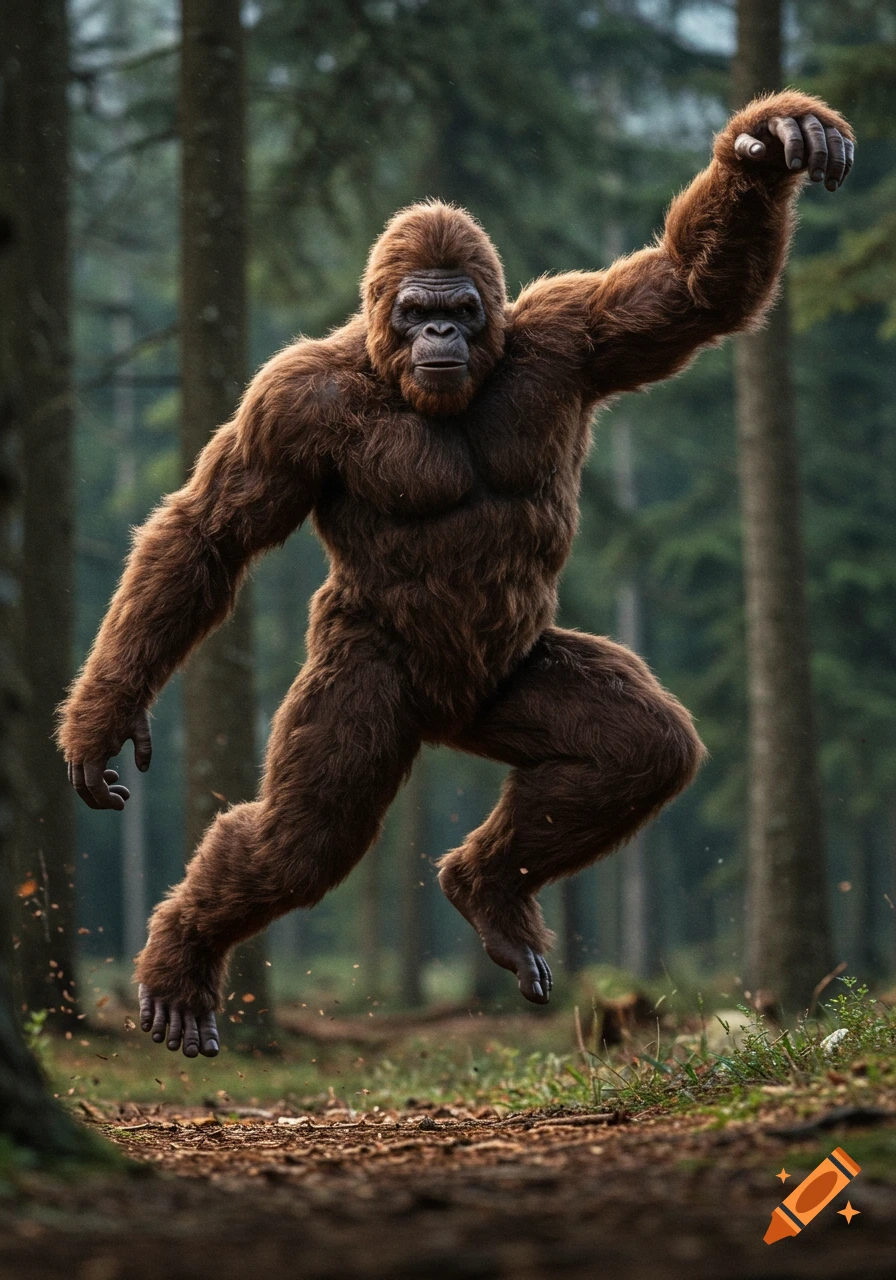 A photorealistic Bigfoot, covered in brown fur, leaps dynamically on a forest path with trees in the background.