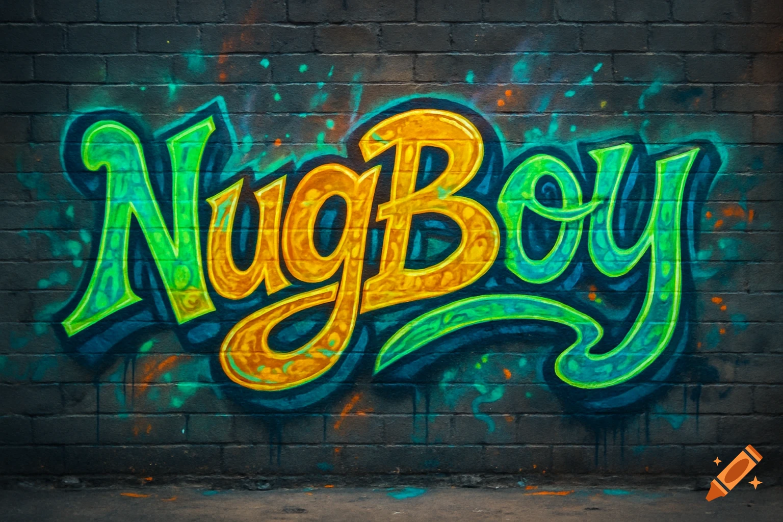 Vibrant yellow and green graffiti spelling 'NugBoy' on a dark brick wall with paint splatters.