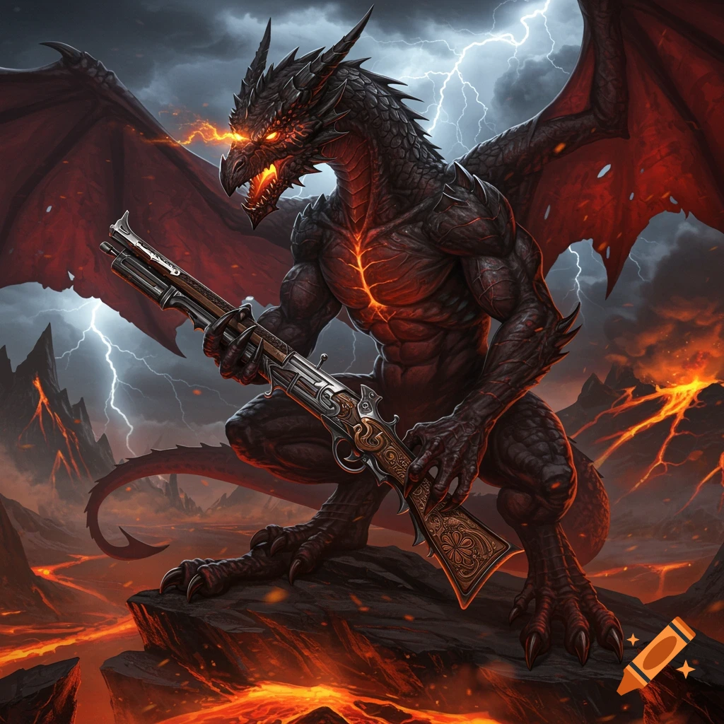 A powerful dark dragon with glowing red eyes and chest scales holds an ornate rifle in a stormy, volcanic landscape with lightning.