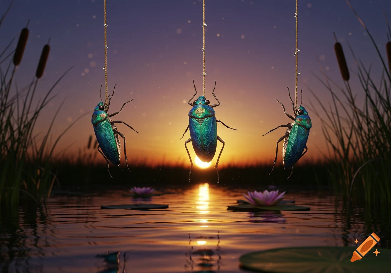 Three iridescent teal-green beetles hang by thin ropes above a calm body of water with water lilies at sunset.