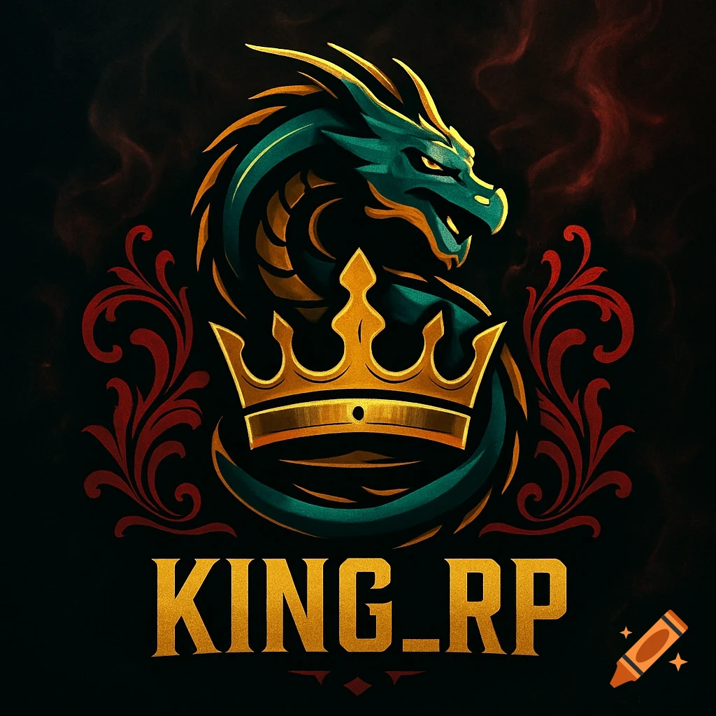 A stylized green and gold dragon logo with a golden crown and red ornate patterns on a dark background, with 'KING_RP' text below.