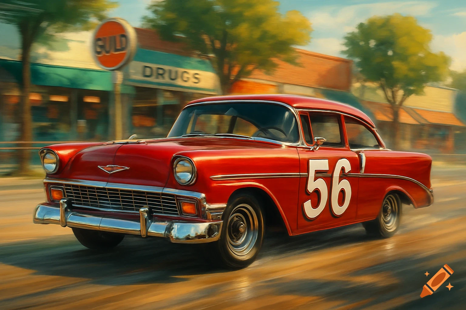 A vibrant red classic Chevrolet car with the number 56 on its side, speeding down a street past a 'DRUGS' store and a 'GULD' sign, in a painterly style with motion blur.