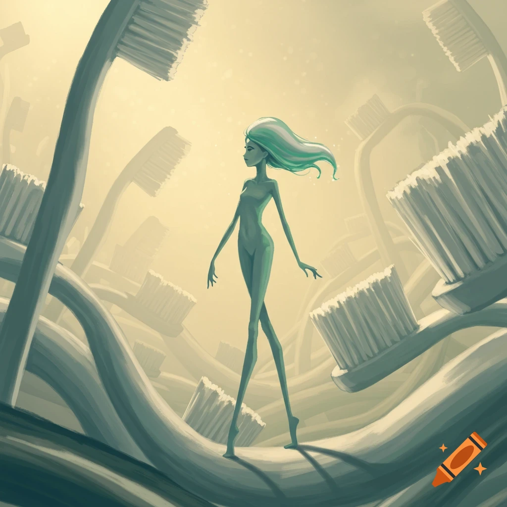 A skinny, teal-skinned girl with flowing hair walks among giant toothbrushes in a surreal, dreamlike illustration.