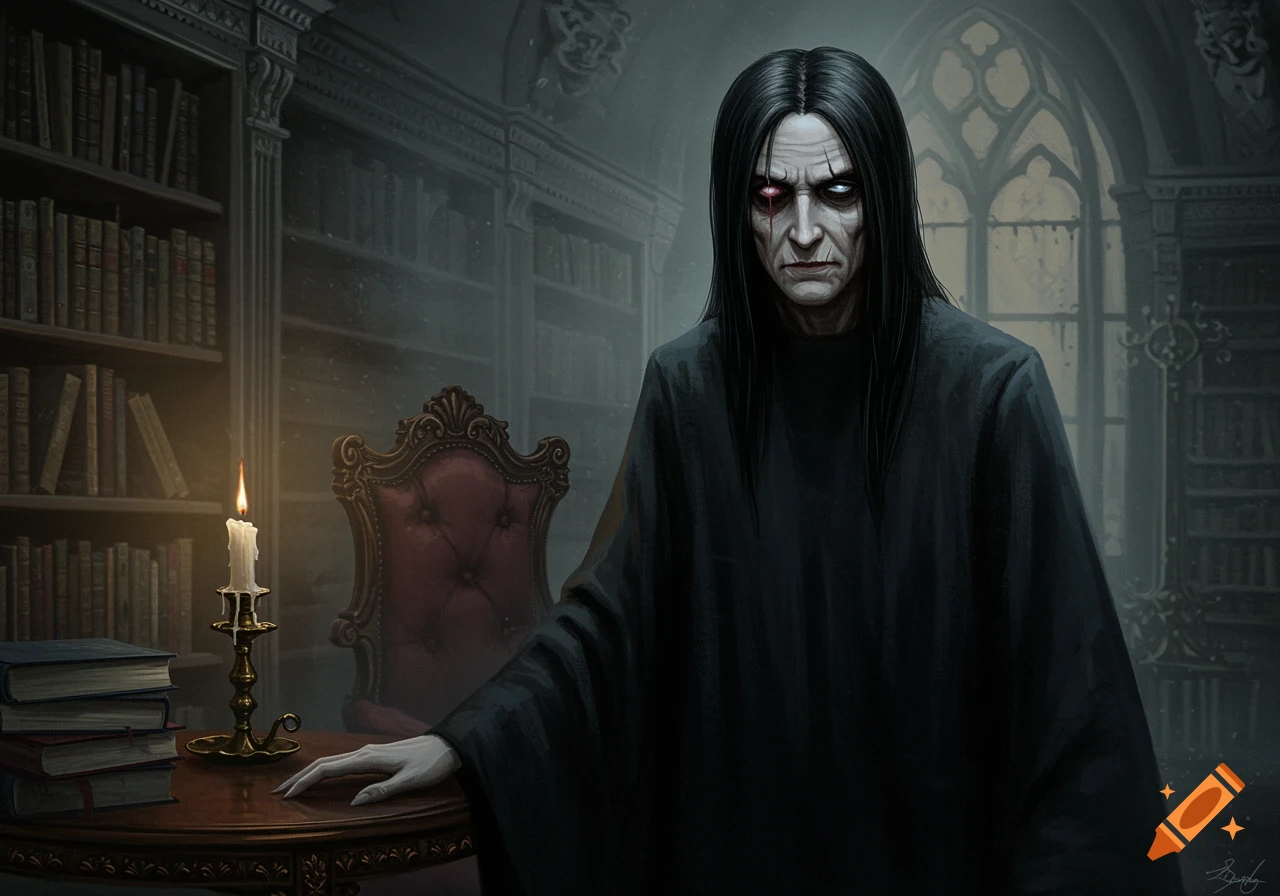 A gaunt, pale man with long black hair and a glowing red eye stands in a dimly lit gothic library with a lit candle.