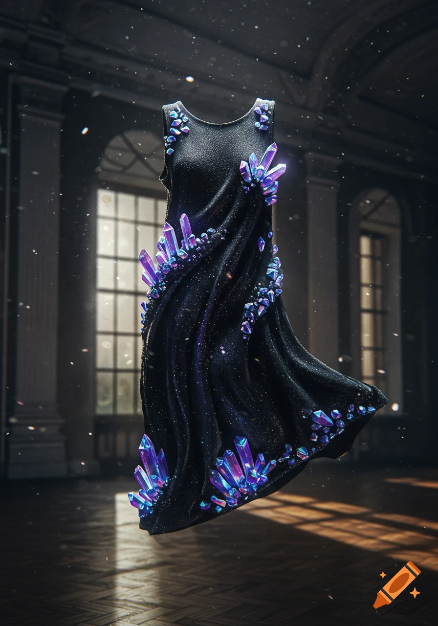 A shimmering black dress adorned with vibrant blue and purple crystals floats in a grand, dimly lit hall.