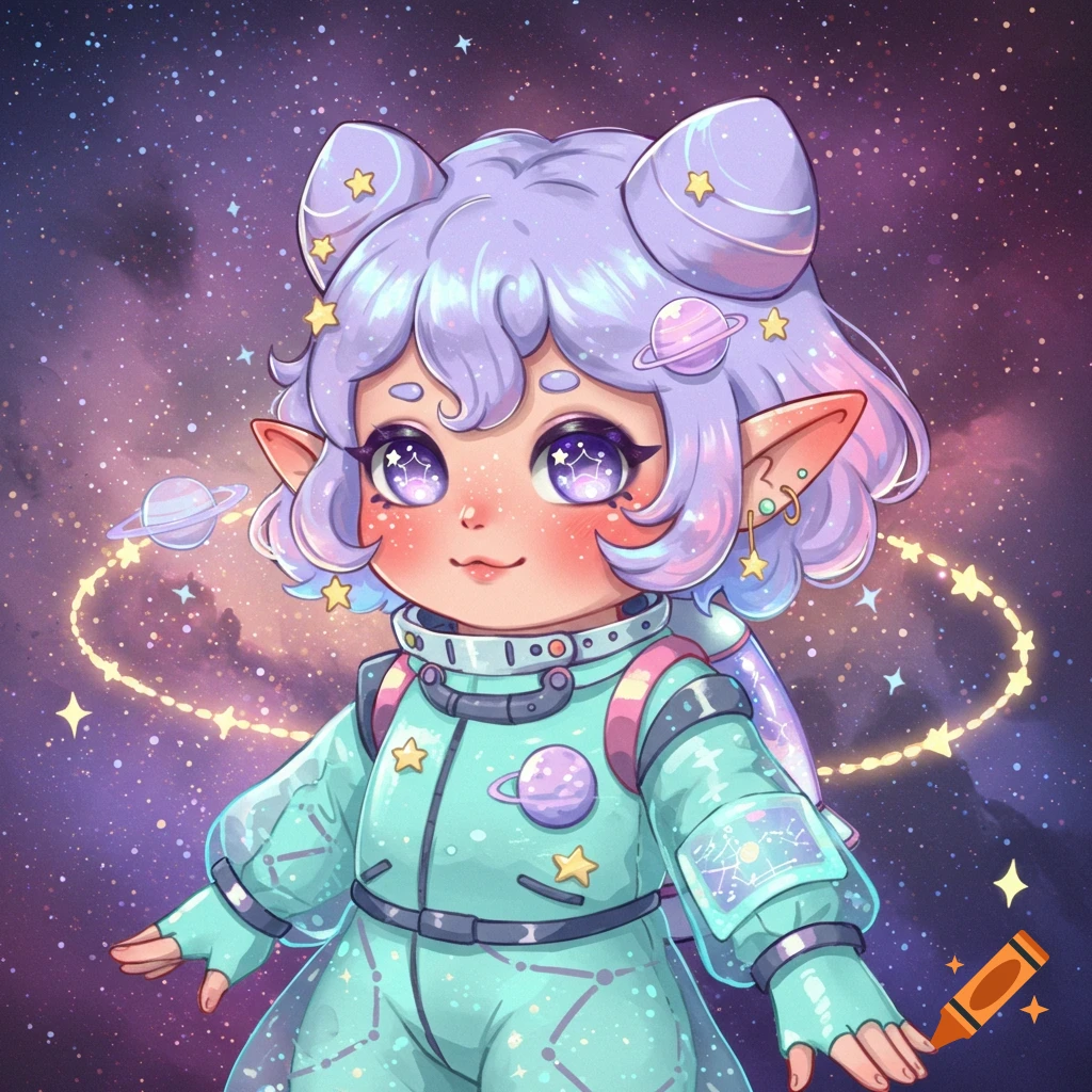 A cute, chibi-style character with purple hair and elf ears wearing a mint green astronaut suit, adorned with stars and planets, against a vibrant cosmic background.