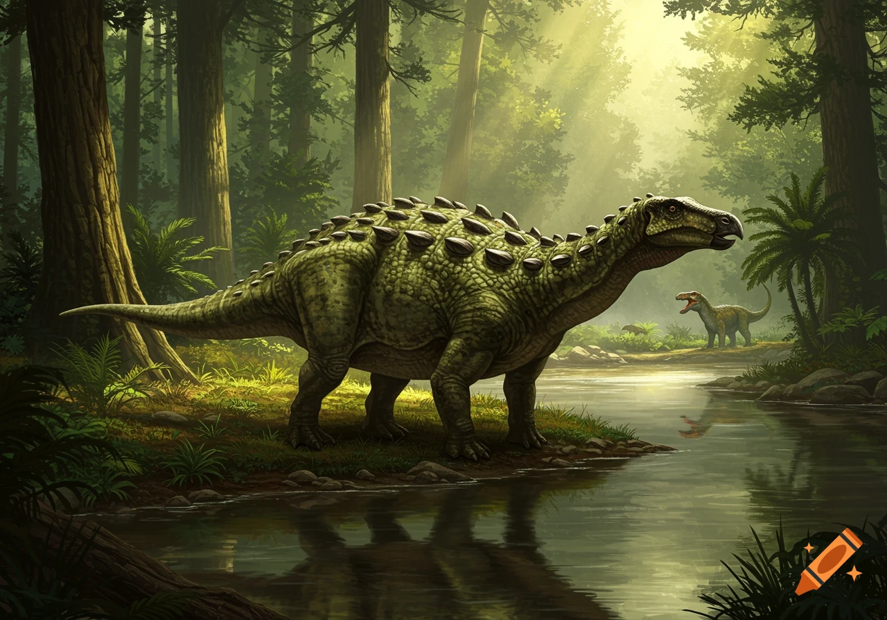 A green Tuojiangosaurus dinosaur with spikes stands by a reflective stream in a sunlit prehistoric forest, with another dinosaur in the background.