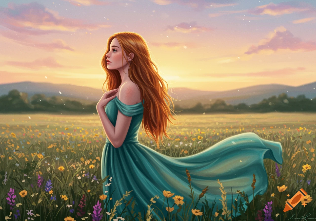 A woman with long red hair in a teal dress stands in a vibrant field of wildflowers at sunset, looking towards the horizon in an art style.