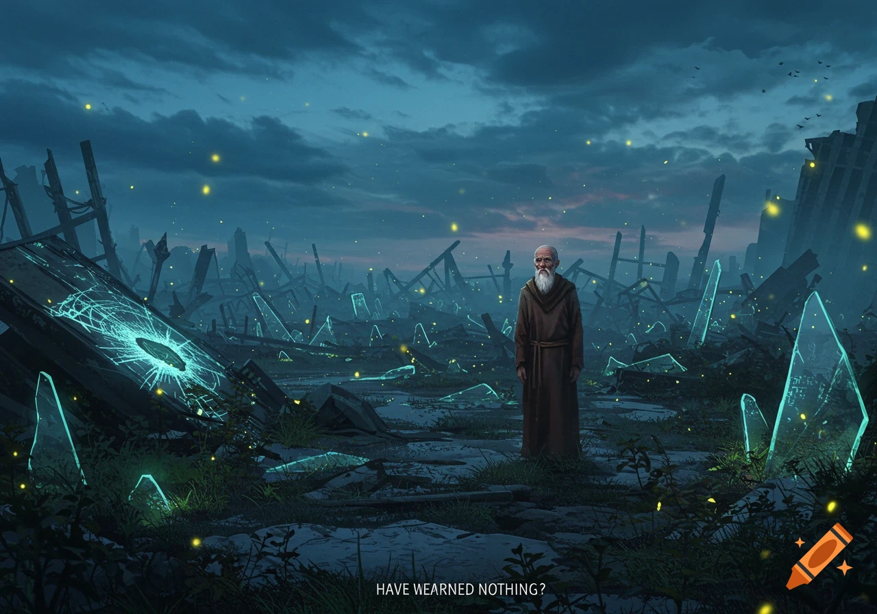 An old robed man stands in a dark, destroyed city with glowing blue shards and debris under a cloudy sky, text reads "HAVE WEARNED NOTHING?"