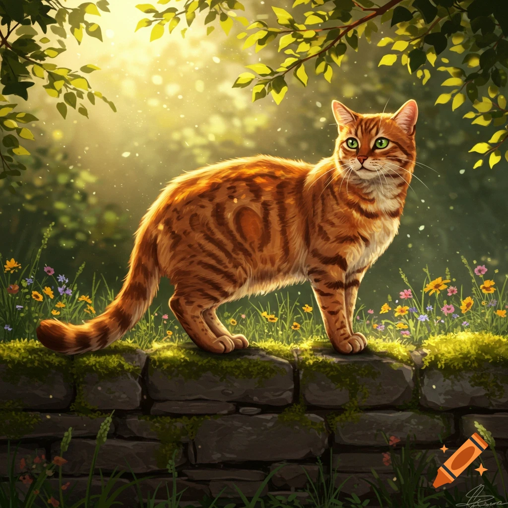 An orange tabby cat with green eyes stands on a mossy stone wall in a sunlit garden filled with green leaves and wildflowers.