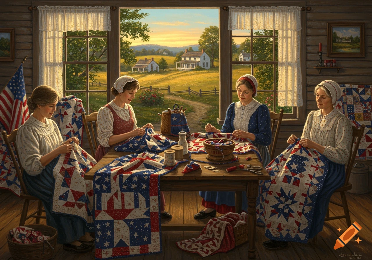 Four women in traditional dress meticulously sew patriotic American quilts in a rustic home with a scenic rural landscape outside. Realistic painting.