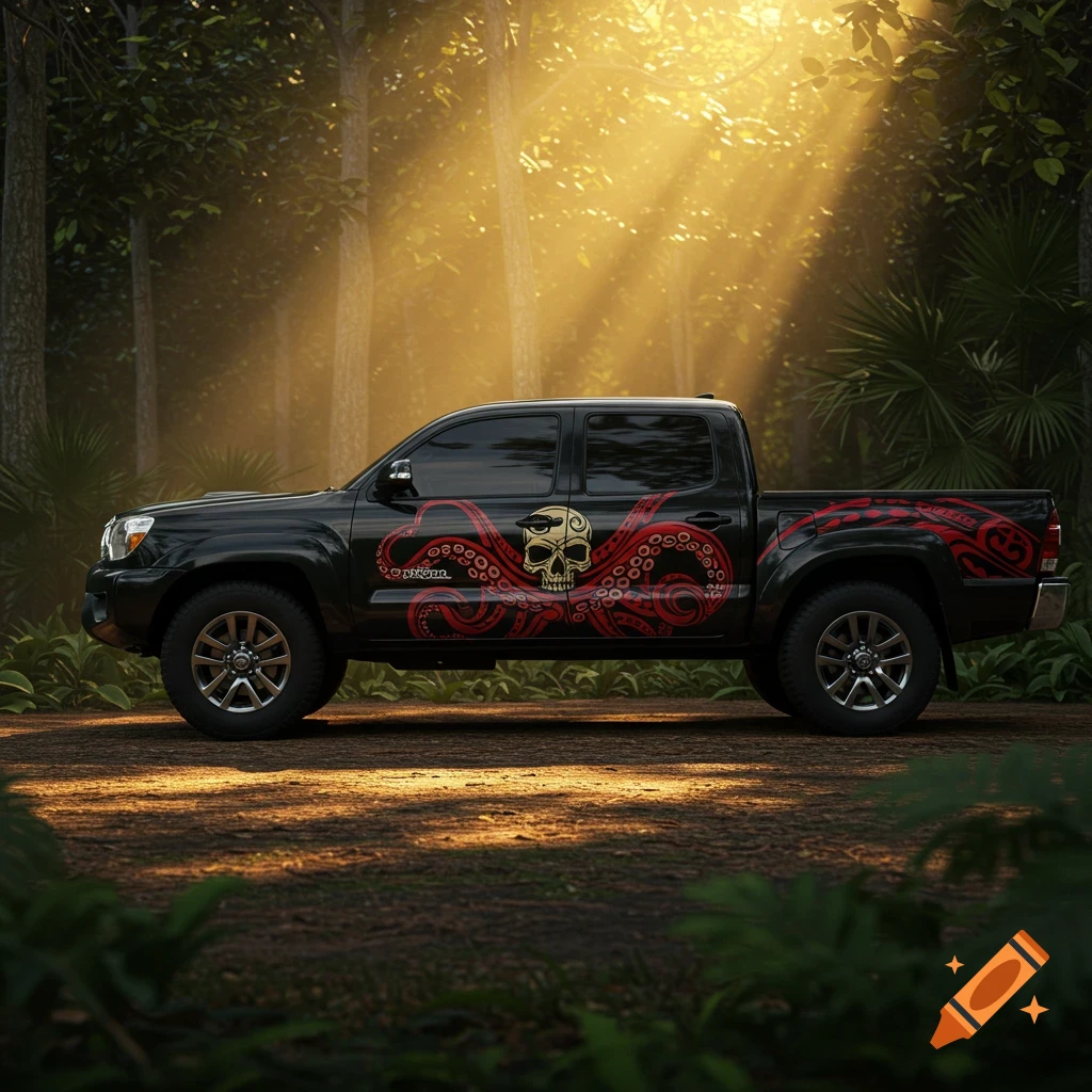 A black Toyota Tacoma pickup truck with a red Polynesian tribal octopus skull tattoo decal on its side, parked on a dirt path in a sun-dappled forest.